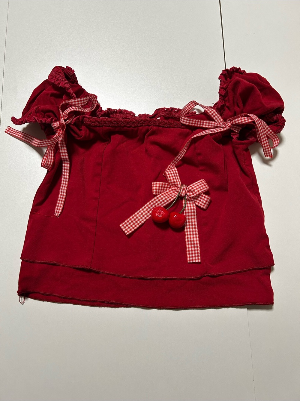 Red Cherry Bow Peasant Top